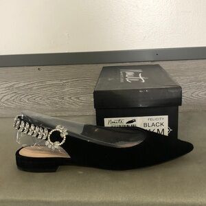 Nanette Laporte Black Sued and Crystal Sling Backs